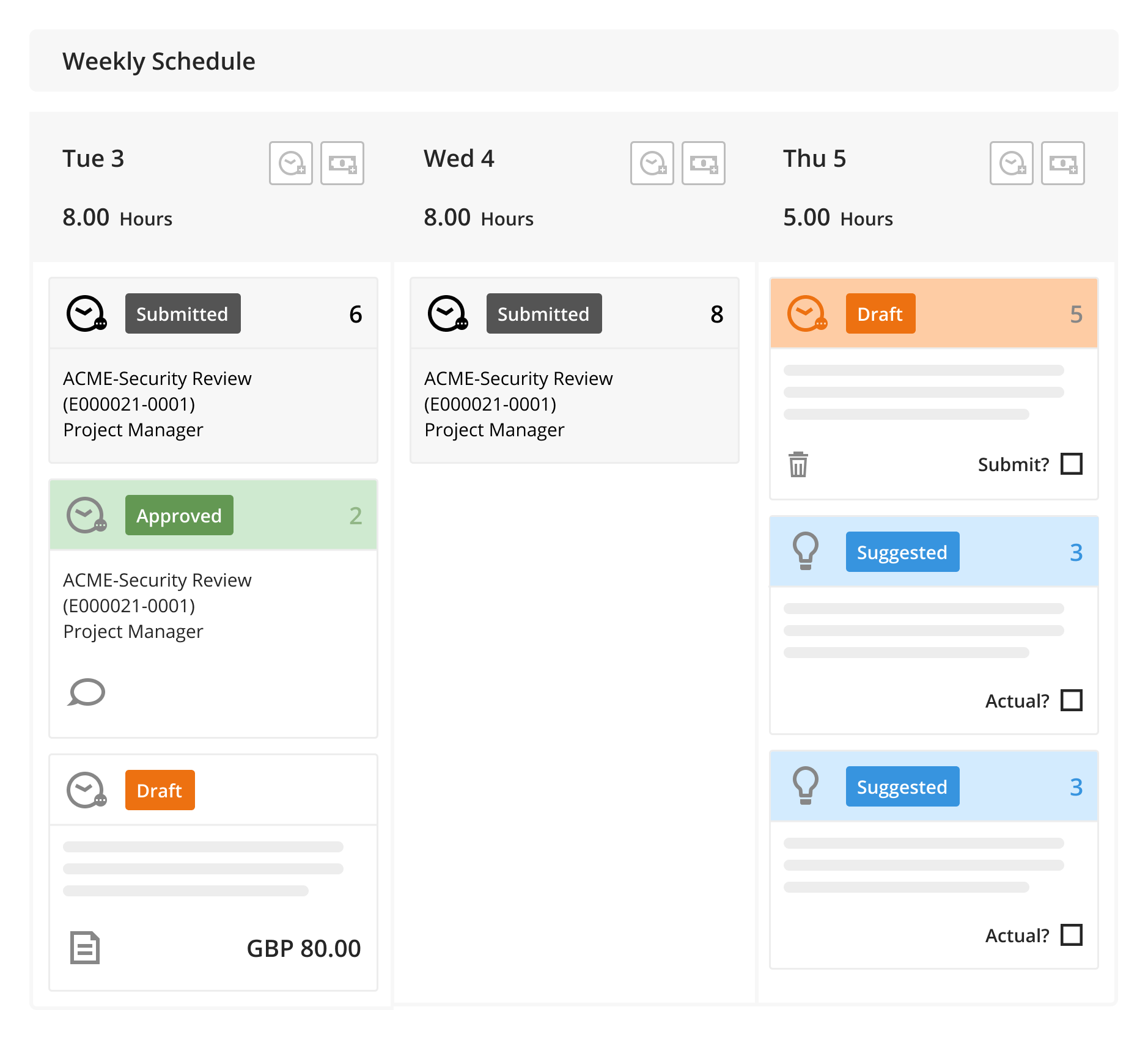 Product screenshot representing time and expense management