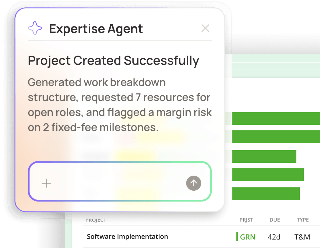 Expertise Agent chat message confirming a project was created successfully